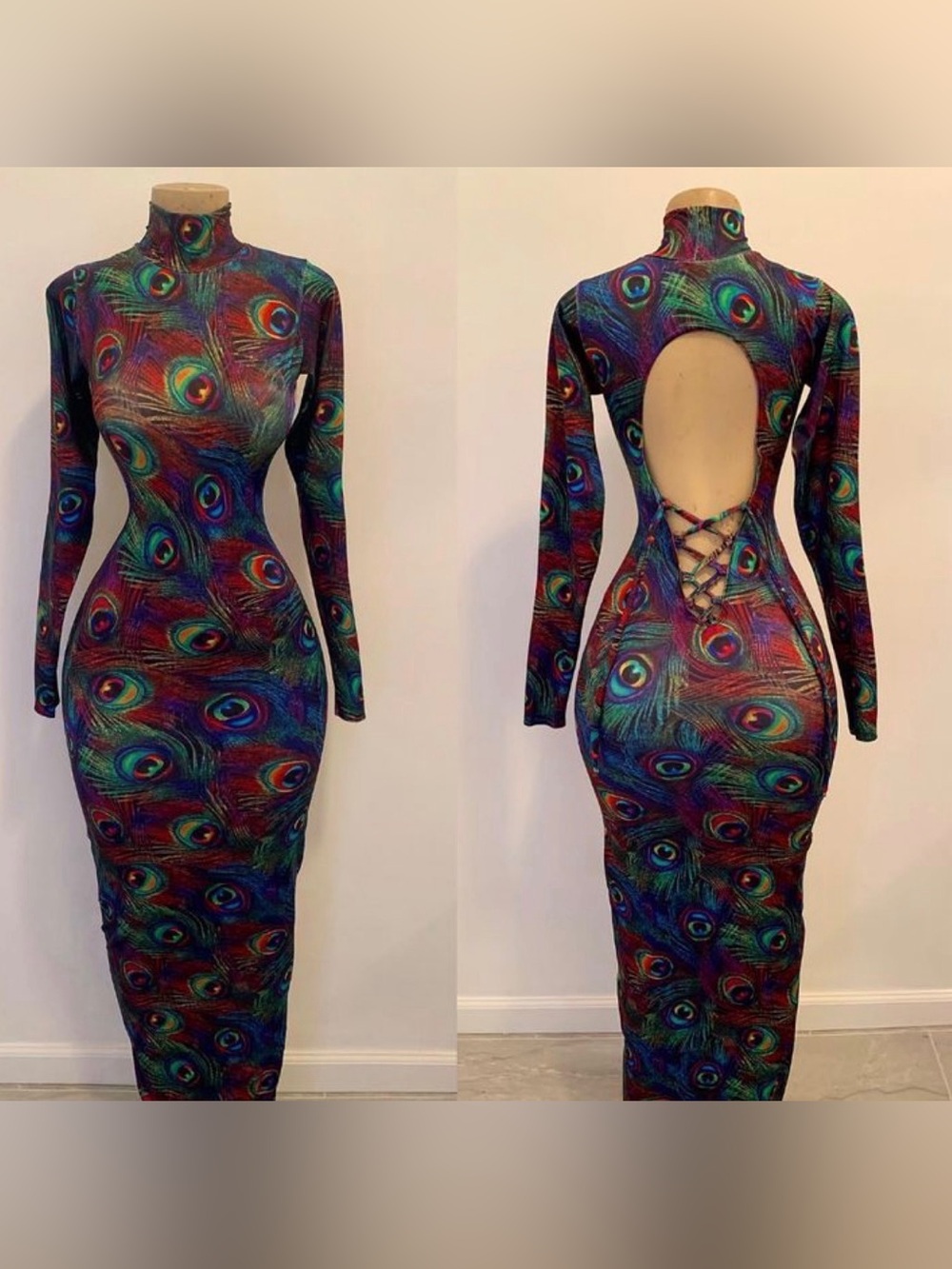 J Lorraine Designs Peacock Print Open Back Lace Up Maxi Dress Small